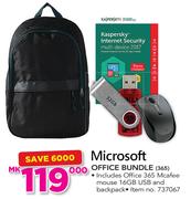 Microsoft Office Bundle 365 Including Office 365, Mcafee Mouse 16GB USB And Backpack