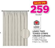 Always Home Lined Two Toned Stripe Cream Curtain-230 x 218cm