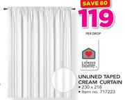 Always Home Unlined Taped Cream Curtain-230 x 218cm Per Drop