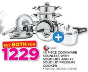 Tissolli 10 Piece Cookware Stainless Steel With Solid Lids & 4Ltr Solid Lid Pressure Cooker-Both For