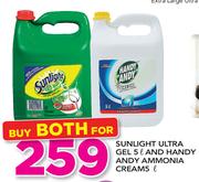 Sunlight Ultra Gel 5Ltr And Handy Andy Ammonia Cream 5Ltr-For Both