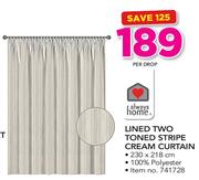 Always Home Lined Two Toned Stripe Cream Curtain 230 x 218cm-Per Drop