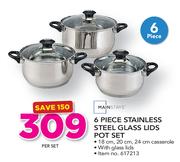 Mainstays 6 Piece Stainless Steel Glass Lids Pot Set-Per Set