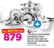 Tissolli 10Piece Cookware Stainless With Solid Lids & 4Ltr Solid Lid Pressure Cooker