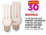 Eurolux 11W 3U CFL E27 Energy Savingor 11W 3U Cfl-B22 Energy Saving Clip Globe G6