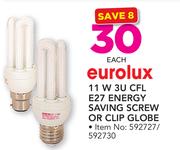 Eurolux 11W 3U CFL E27 Energy Saving Screw Or Clip Globe-Each