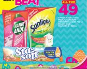 Handy Andy 750ml Pouch, Sunlight Dishwash Liquid 750ml Pouch And Sta Soft 2Ltr Refill-For All