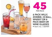 6 Pack Willy, Zombie, Hi Ball Whisky Or 4 Pack Beer Or Wine Glasses-Per Pack