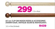 Decorland 64mm Clip On Wood Rods & Accessories(Warm Kiaat, Antique Silver & Mahogany)-1.5m Rod