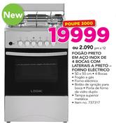 Logik Fogão Preto em Aço Inox de 4 Bocãs com Laterais a Preto Forno Electrico