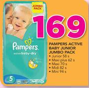 Pampers Active Baby Junior Jumbo Pack (Junior-58/Maxi Plus-62/Maxi-70/Midi-82/Mini-94)- Per Pack