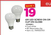 Eurolux 6W LED Screw On Or Clip On Globe G980BC-Each