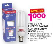Eurolux 15W 3U CFL Energy Saving Clip Or Screw Globe CFL3U-Each