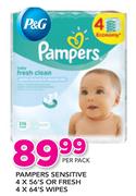 Pampers Sensitive 4 x 56's Or Fresh 4 x 64's Wipes-Per Pack