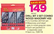 Tork Craft Drill Bit 3 Set Combo Wood Masonry HSS-Per Set