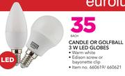 Eurolux Candle Or Golfball 3W LED Globes-Each