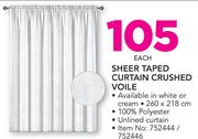 Sheer Taped Unlined Curtain Crushed Voile In White Or Cream 260x218cm-Each