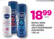 Nivea Men Or Ladies Anti-Perspirant Assorted-150ml Each