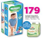 Huggies GoldBoys Or Girls Jumbo Pack Plus Free Bum Bies 4X 60's Regular Baby Wipes
