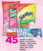 Handy Andy Refill Assorted 750ml, Sunlight Pouch 750ml And Sta-Soft 500ml-For All