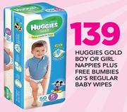 Huggies Gold Boy Or Girl Nappies Plus Free Bumbies 60's Regular Baby Wipes