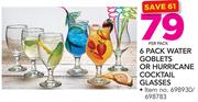 6 Pack Water Goblets Or Hurricane Cocktail Glasses-Per Pack