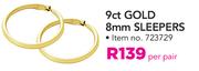 Jcsa 9ct Gold 8mm Sleepers-Per Pair