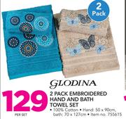 Glodina 2 Pack Embroidered Hand And Bath Towel Set-Per Set