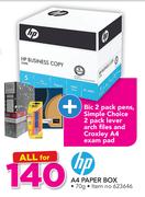 HP A4 Paper Box Plus Bic 2 Pack Pens, Simple Choice 2 Pack Lever Arch Files & Croxley A4 Exam Pad