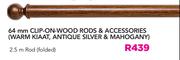 64mm Clip On Wood Rods & Accessories(Warm Kiaat, Antique Silver & Mahogany) 2.5m Rod (Folded)