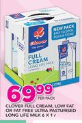Clover Full Cream, Low Fat Or Fat Free Ultra Pasturised Long Life Milk-6x1Ltr Per Pack