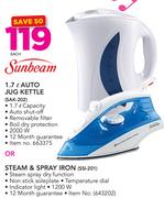 Sunbeam 1.7Ltr Auto Jug Kettle SAK-202 Or Steam & Spray Iron SSI-201-Each
