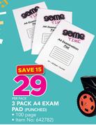 3 Pack A4 Exam Pad 100 Page PUNCHED-Per Pack