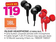 JBL In Ear Headphone C100SIU BLK-Each