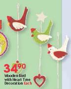Wooden Bird With Heart Tree Decoration Each