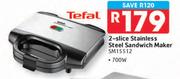 Tefal 700W 2-Slice Stainless Steel Sandwich Maker SM15512