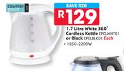 Counter Point 1.7ltr 1850-2200W White 360 Degree Cordless Kettle CPCLWHT01 Or Black CPCLBLK01-Each