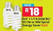 PnP 11/15/20W BC/ES CW Or WW Spiral Energy Saver-Each