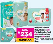 Pampers Active Baby Nappies Or Pants JP Or Premium Care Nappies Or Pants VP Assorted Sizes-Each