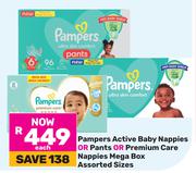 Pampers Active Baby Nappies Or Pants Or Premium Care Nappies Mega Box Assorted Sizes-Each