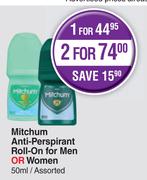 Mitchum Anti-Perspirant Roll-On For Men Or Women Assorted-For 2 x 50ml