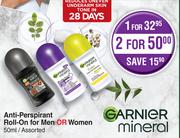 Garnier Mineral Anti-Perspirant Roll-On For Men Or Women Assorted-For 2 x 50ml