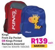 Kings Front Zip Pocket Or Kings Printed Backpack Assorted-Each
