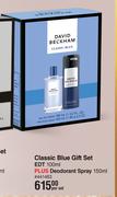 David Beckham Classic Blue Gift Set EDT 100ml Plus Deodorant Spray 150ml-Per Set