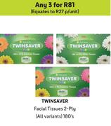 Twinsaver Facial Tissue 2-Ply (All Variants)-For Any 3 x 180's Pack