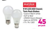 Eurolux 9W LED A60 Classic Twin Pack Globes-Per Pack