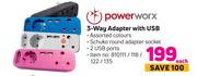 Power Worx 3 Way Adaptor With USB-Each