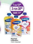 Purity Baby Food Pouches 6 Months+ Assorted-For 3 x 110ml