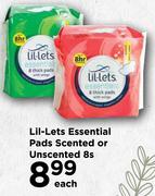 Lil-Lets Essential Pads (Scented Or Unscented)-8's Pack Each