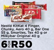 Nestle Kitkat 4 Finger, Chunky, Aero 40g, Bar One 55g, Smarties, Tex 40g or Milkybar 40g-For 6